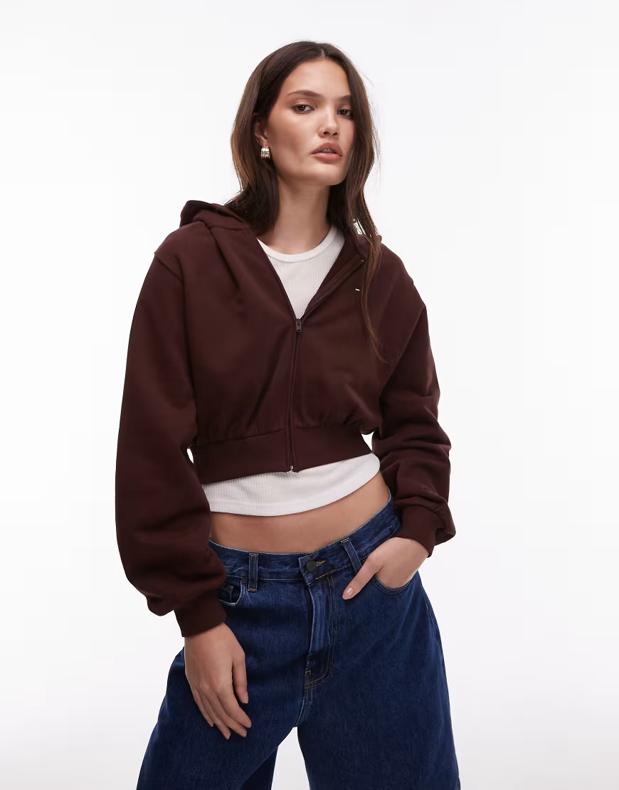 Tommy Jeans cropped zip up hoodie in chocolate brown | ASOS (Global)