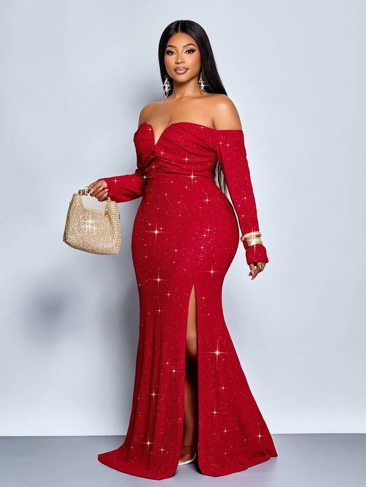 SOLERSUN Elegantes Cocktailkleid für Damen in Große Größen mit V-Ausschnitt, Off-Shoulder Mer... | SHEIN