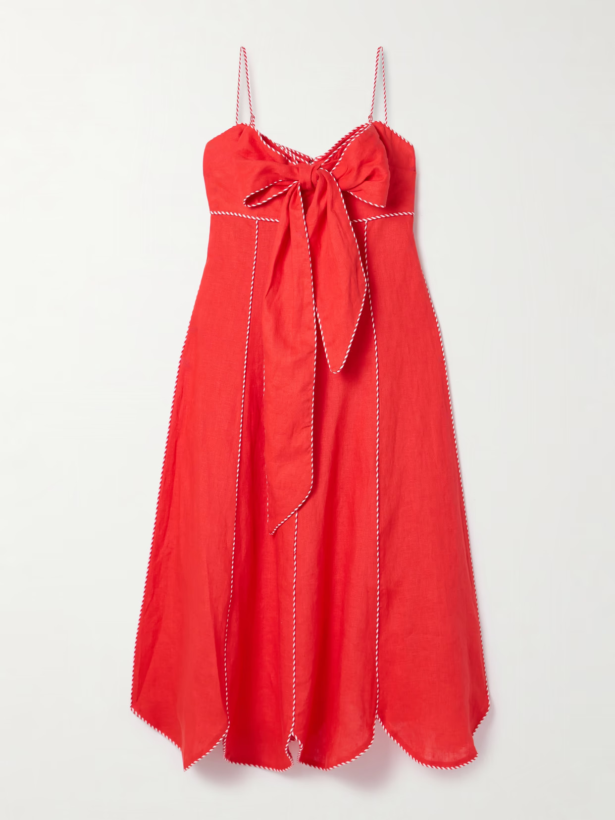 Farm Rio - Bow-embellished Scalloped Linen Midi Dress - Red | NET-A-PORTER (US)