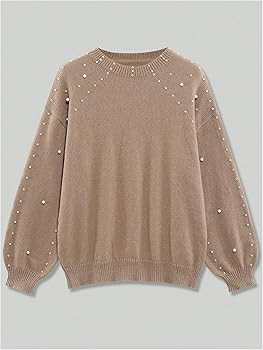 Women's Plus Size Faux Pearl Sweater Crew Neck Long Sleeve Knit Pullover Tops 2025 Fashion Fall W... | Amazon (US)
