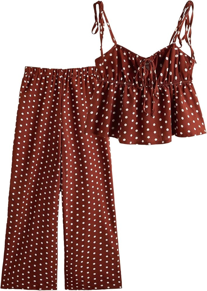 Verdusa Women's 2 Piece Outfits Polka Dots Tie Shoulder Babydoll Tops with Wide Leg Pants Summer ... | Amazon (US)