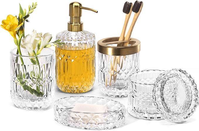 EMPO 6PCS Bathroom Clear Glass Accessories Set (Lotion Soap Dispenser, Soap Dish, Toothbrush Hold... | Amazon (US)