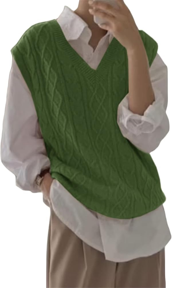 Women's V Neck Sweater Vest Oversized Sleeveless Loose Knit Tops Cable Sleeveless Sweater | Amazon (US)