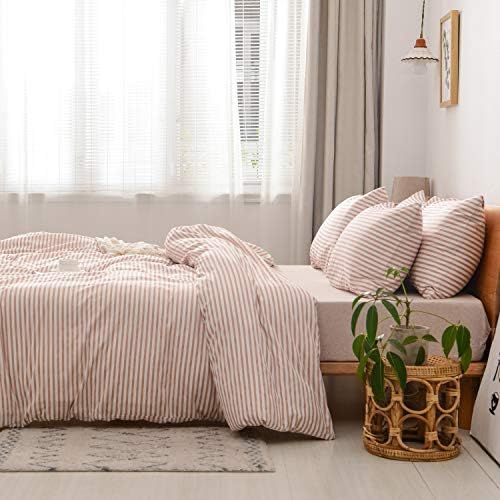 JELLYMONI 100% Natural Cotton 3pcs Striped Duvet Cover Sets,White Duvet Cover with Pink Stripes Patt | Amazon (US)