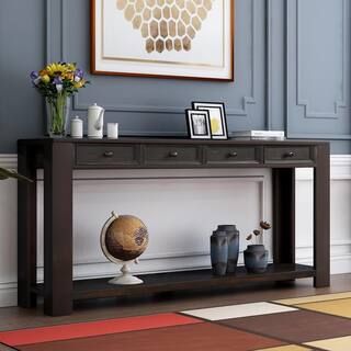 64 in. Black Standard Rectangle Wood Console Table with 4-Drawers | The Home Depot