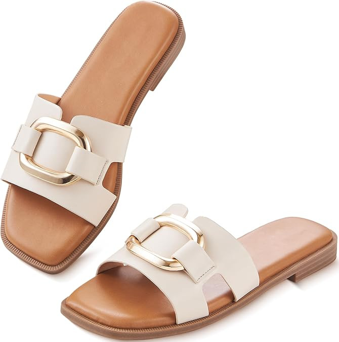 Womens Sandals Slip On Flat for Summer Comfortable Ladies Dressy Fashion Square Open Toe Slides F... | Amazon (US)