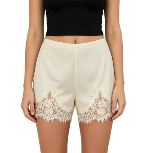 Lace Trim Satin Shorts for Womenn Y2k Silky French Knickers Coquette Boxer Shorts Half Slip Lounge Pajama Bottoms (White, L) | Amazon (US)