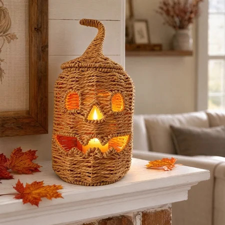 Light Up Wicker Pumpkin Decor, Woven Pumpkin Lantern with Removable Lid, Battery Operated Indoor Tabletop Decor for Fall Harvest Thanksgiving Home Display | Walmart (US)