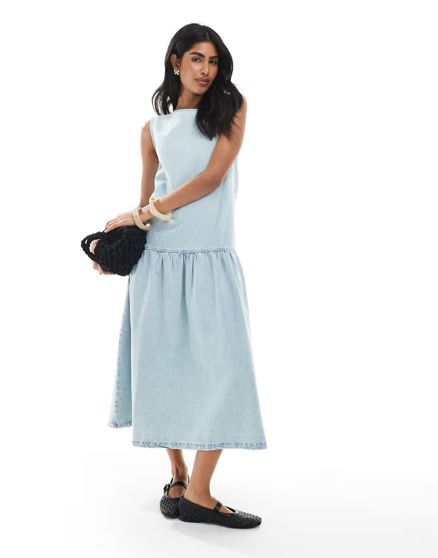 ASOS DESIGN denim sleeveless midi dress with dropped waist in light wash blue | ASOS (Global)