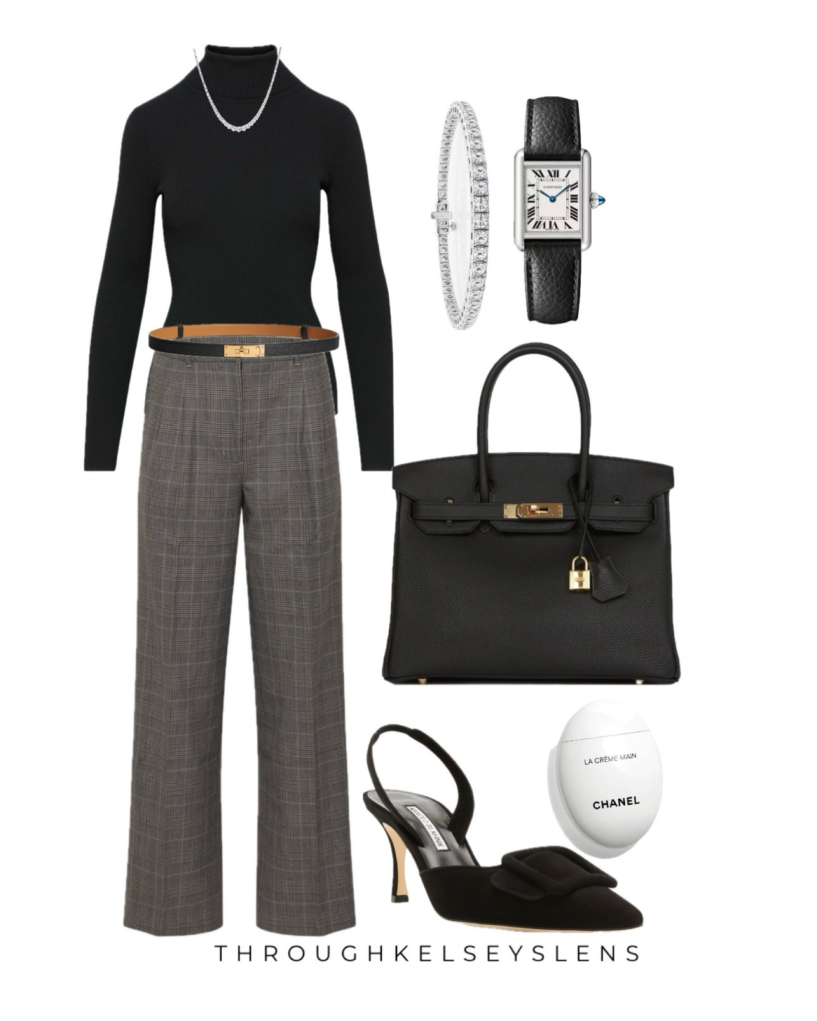 Black turtleneck gray wool trousers outfit from Aritzia, diamond tennis necklace and bracelet, black birkin 30, black Manolo maysli slingbacks, black kelly belt, Cartier tank watch #turtleneck #birkin #wooltrousers #hermes #tennisbracelet #tennisnecklace #aritzia

#LTKShoeCrush #LTKWorkwear #LTKItBag