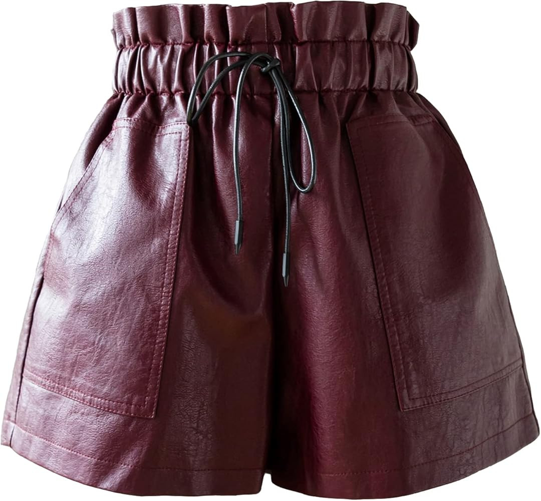 High Waisted Wide Leg Black Faux Leather Shorts for Women | Amazon (US)