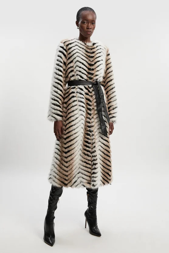 Zig Zag Faux Fur Collarless Belted Long Coat | Karen Millen US