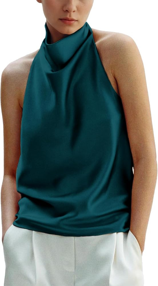 Women's Silk Satin Tank Tops Halter Draped Front Sexy Backless Womens Summer Tops Elegant Camisol... | Amazon (US)