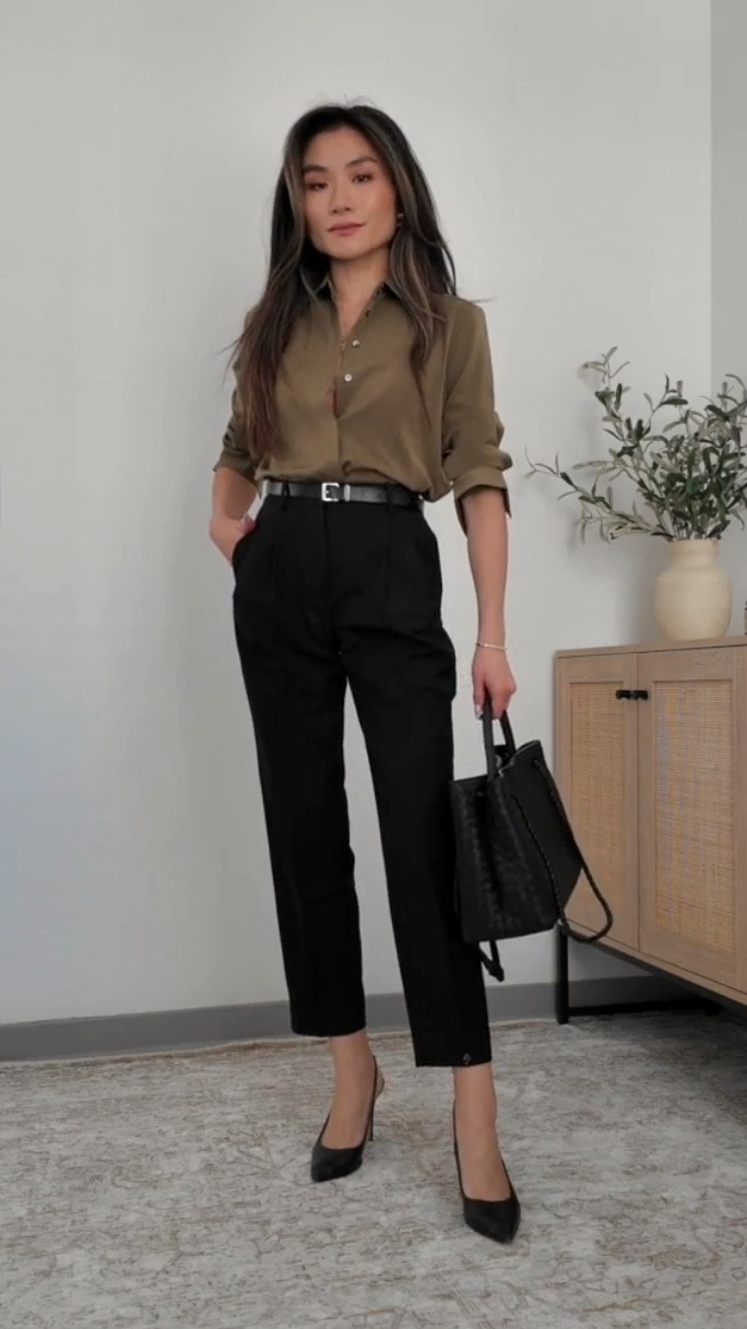 Olive & Black Work Outfit Idea  
▶  my measurements: 5’2” / 100 lbs / 32B / 00 bottoms
▶  watch the full video on YouTube 

Love how the olive color of this shirt adds a earthy richness to any outfit

Pairs perfectly with black trousers for the office

#LTKStyleTip #LTKWorkwear #LTKSeasonal