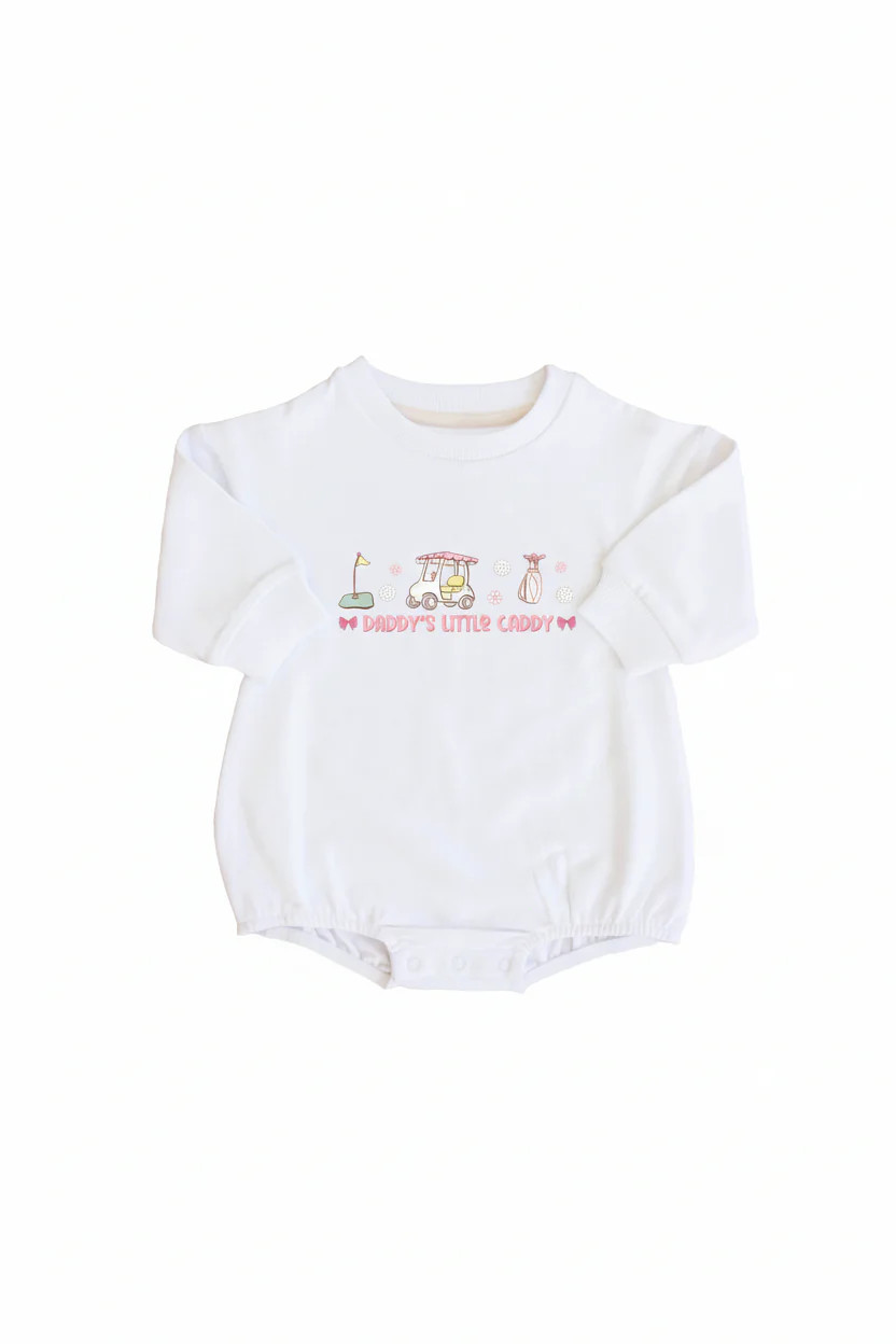 Daddy's Little Caddy Graphic Sweatshirt Bubble Romper | White | Caden Lane