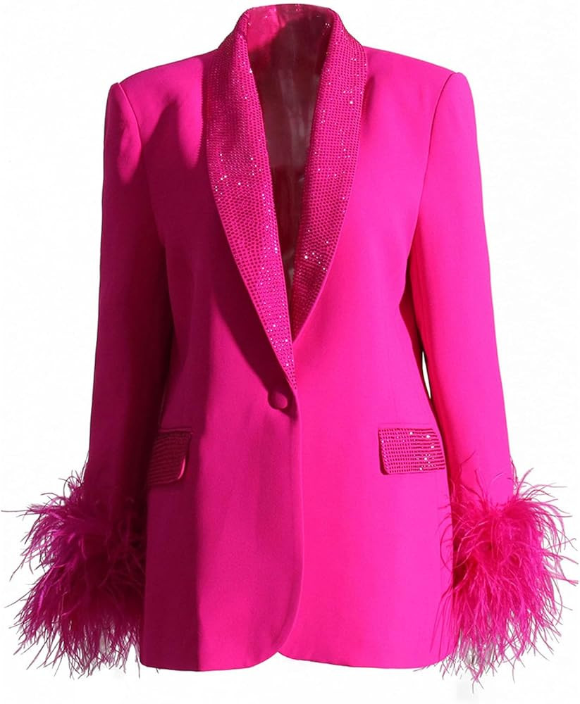 HGKPFGTF Women's Feather Trim Blazer Sexy Deep V-Neck Slim Blazer Fashion Sequins Wedding Lady Bl... | Amazon (US)