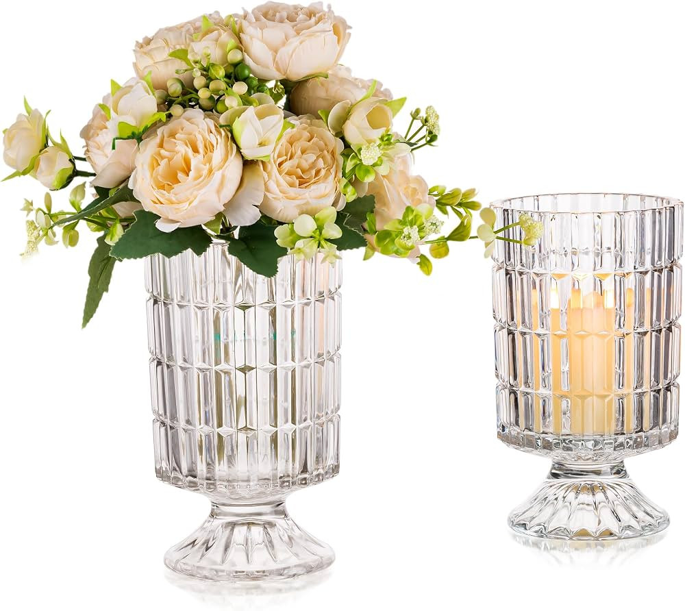 Glasseam Glass Vases for Flowers, Floral Compote Crystal Vase Set of 2, Unique Decorative Vase De... | Amazon (US)