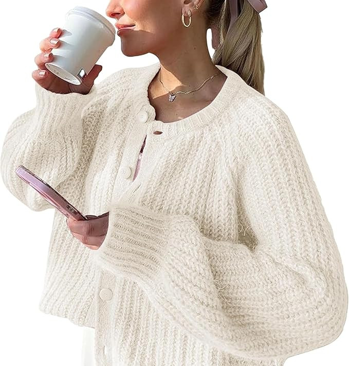FindThy Women’s Chunky Knit Cardigan Long Sleeve Button Down Crewneck Fall Sweater Coat | Amazon (US)
