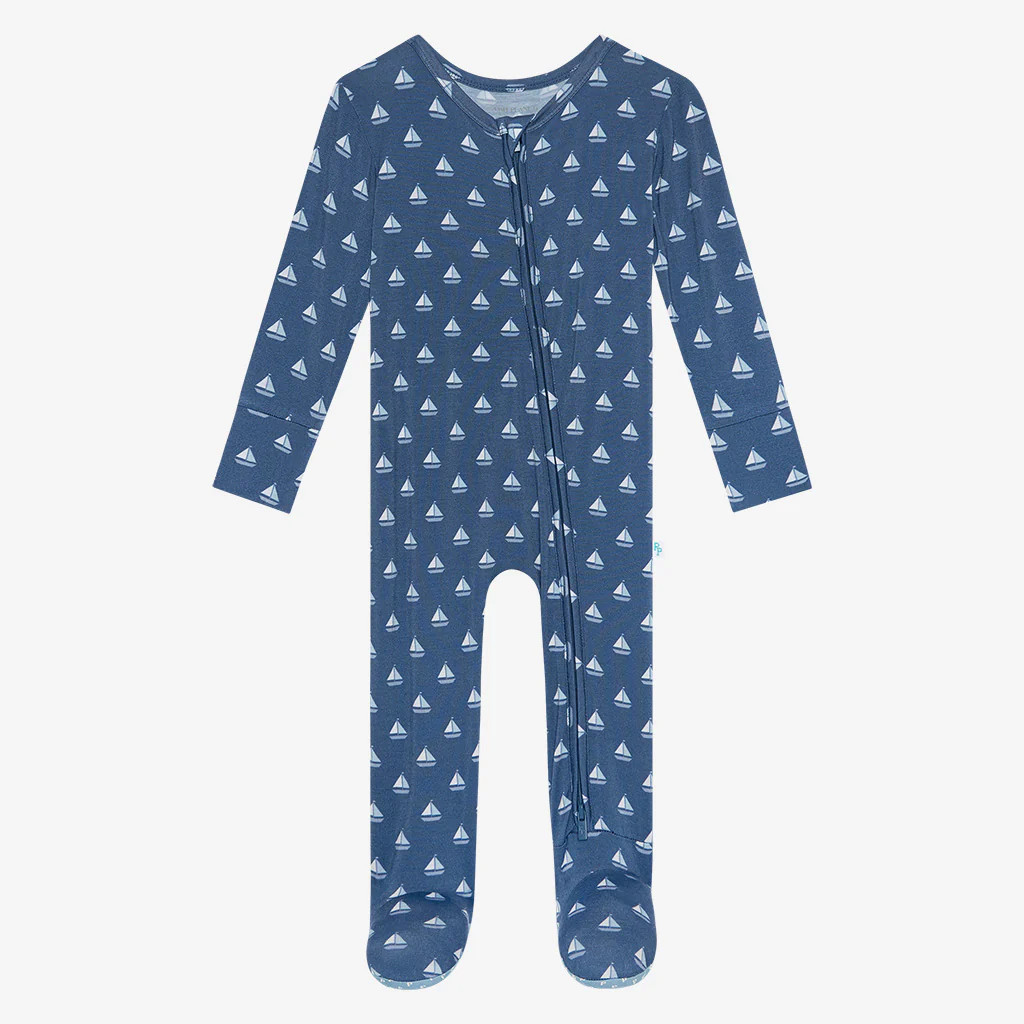 Sailboats Blue One Piece Baby Footie Pajamas | Mariner | Posh Peanut