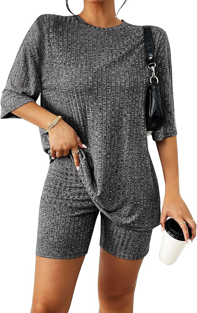 Aoulaydo Womens 2 Piece Lounge Set Summer Ribbed Knit Matching Outfits T-shirt Biker Shorts Casua... | Amazon (US)