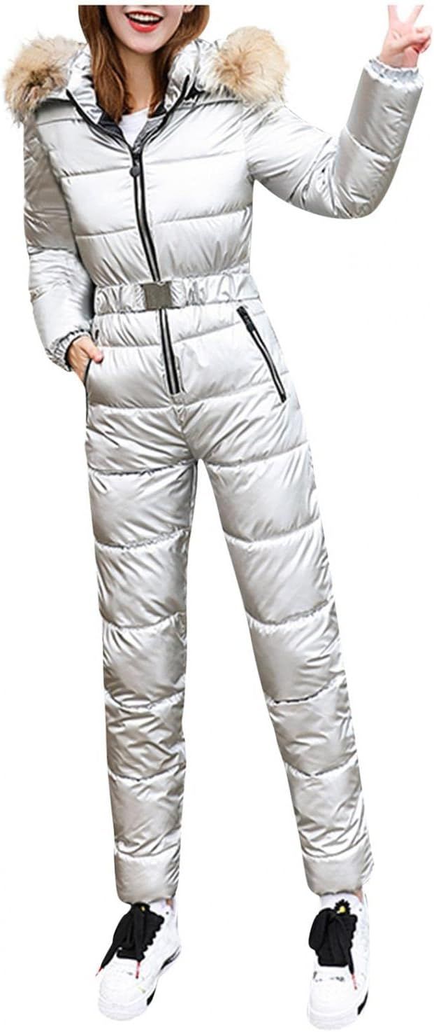 Metallic Jumpsuit for Women One Piece Ski Suits Waterproof Windproof Snowsuit Rompers Hooded Fur ... | Amazon (US)