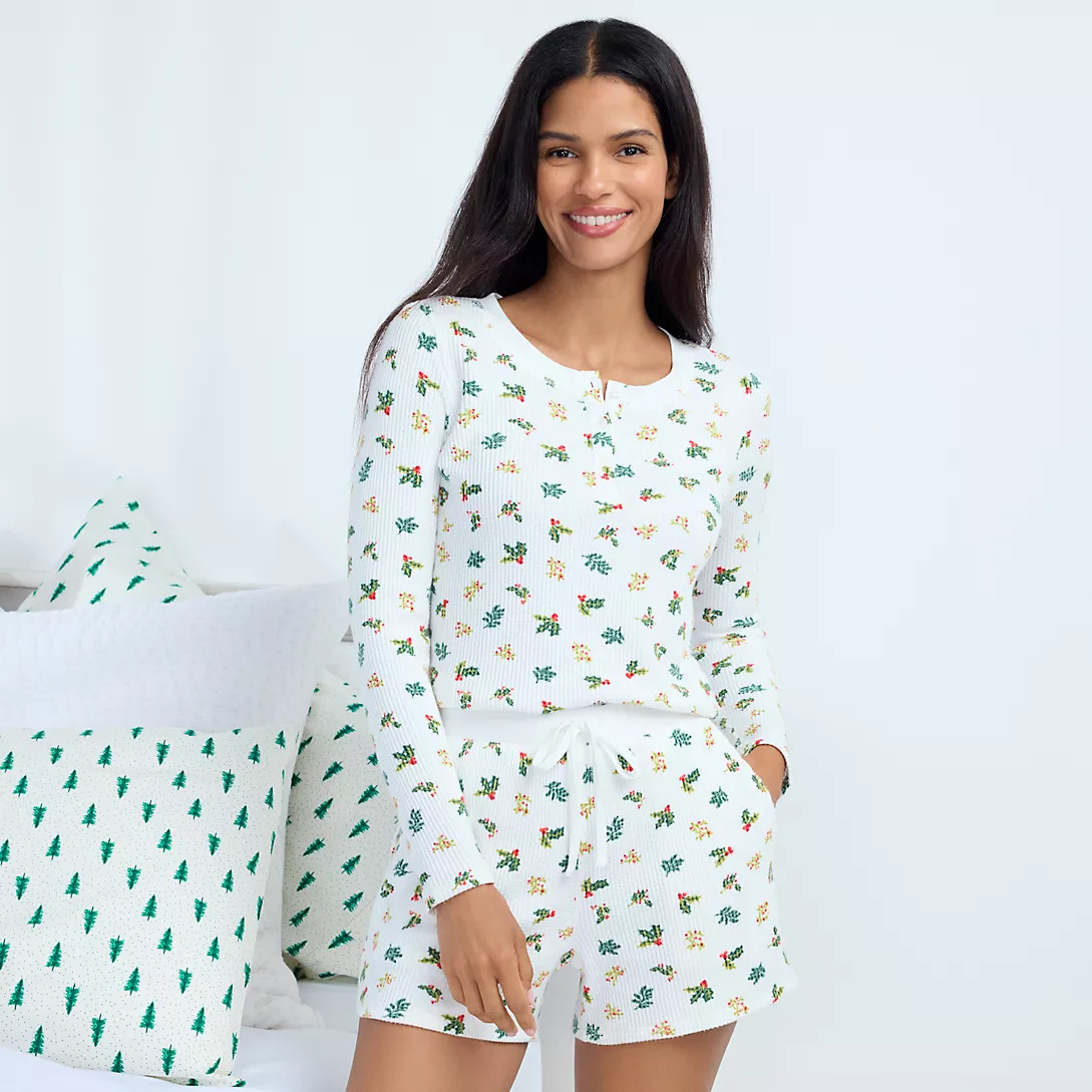 Women's Brushed Cozy Waffle 2 Piece Pajama Set - Long Sleeve Top and Shorts | Lands' End (US)