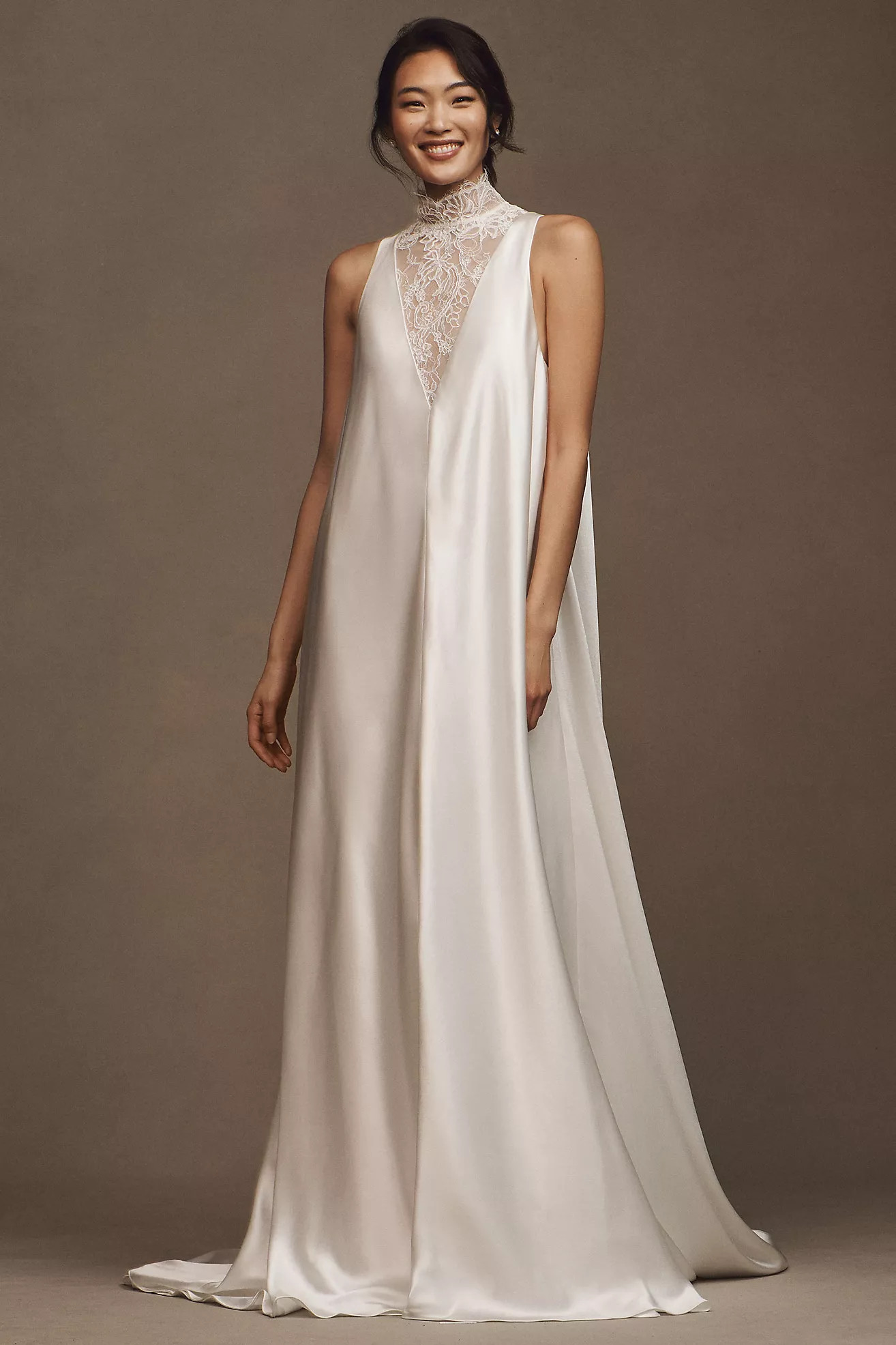 OUMA Thierry High-Neck French Lace & Bias-Cut Satin Wedding Gown | Anthropologie (US)