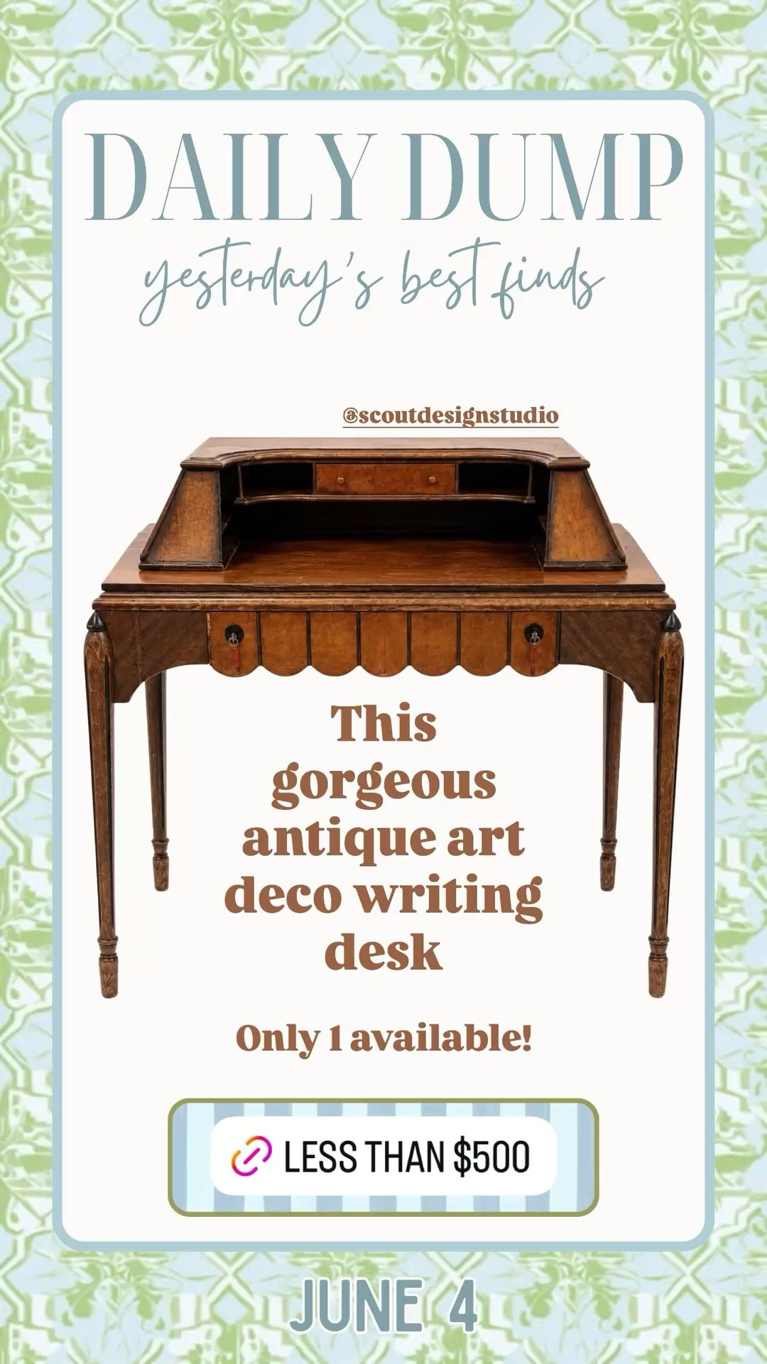 Only 1 available!  This gorgeous antique art deco writing desk  @scoutdesignstudio