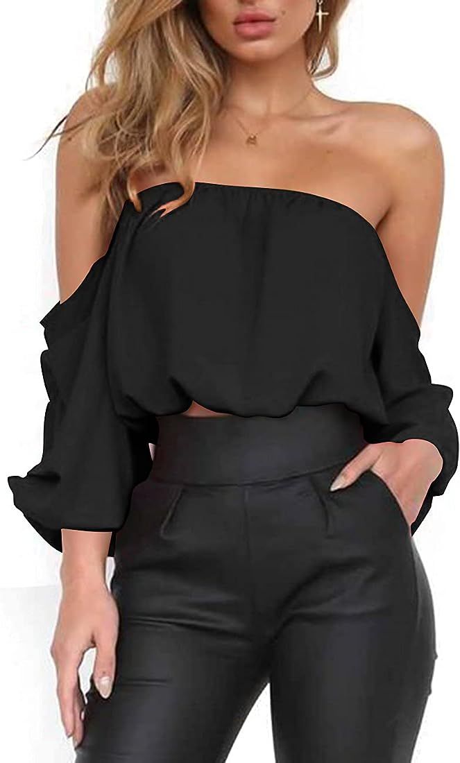Womens Off Shoulder Chiffon Blouse Sexy Long Sleeve Shirt Loose Strapless Tops Solid Casual T Shi... | Amazon (US)