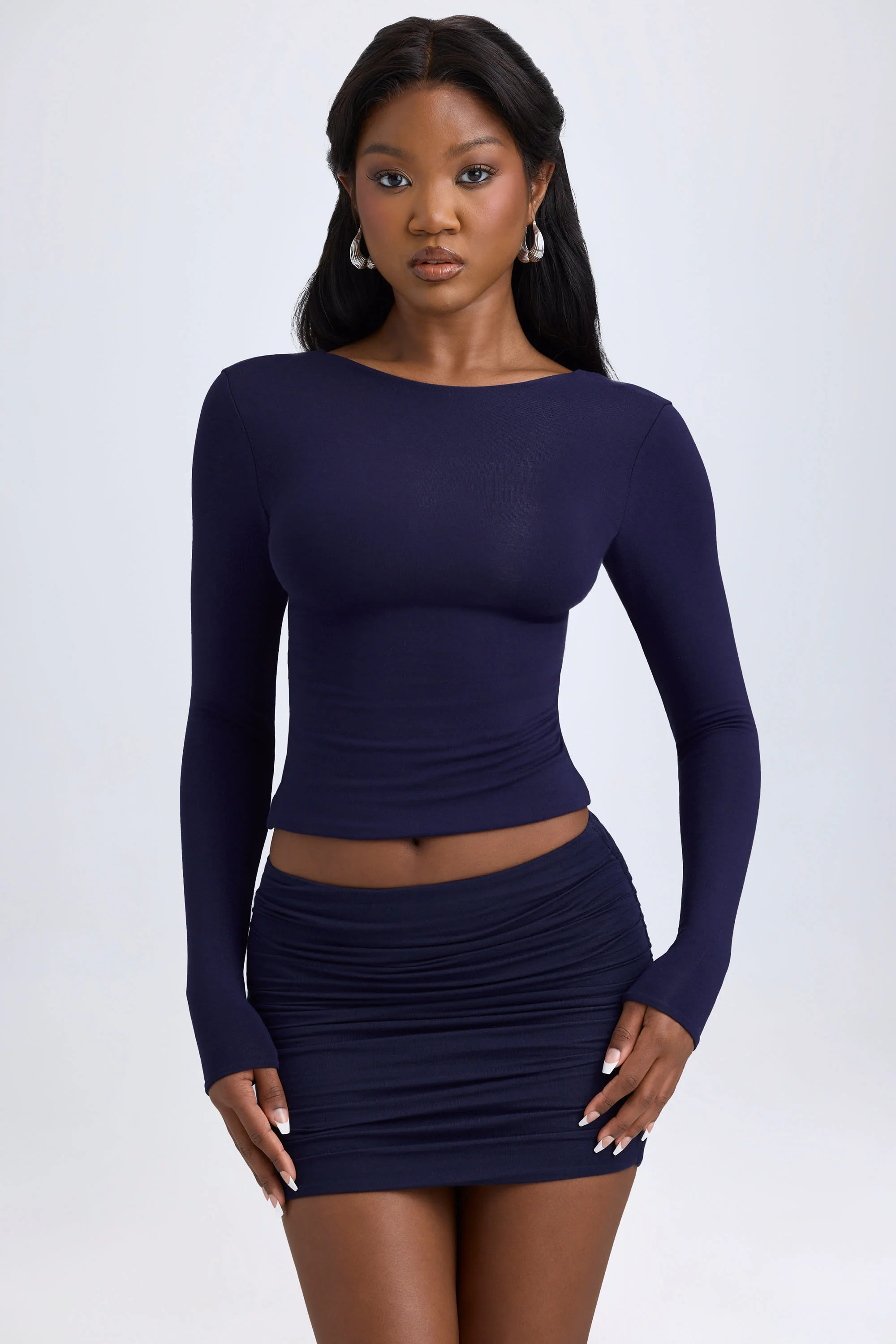 Modal Ruched Mid-Rise Mini Skirt in True Navy | Oh Polly