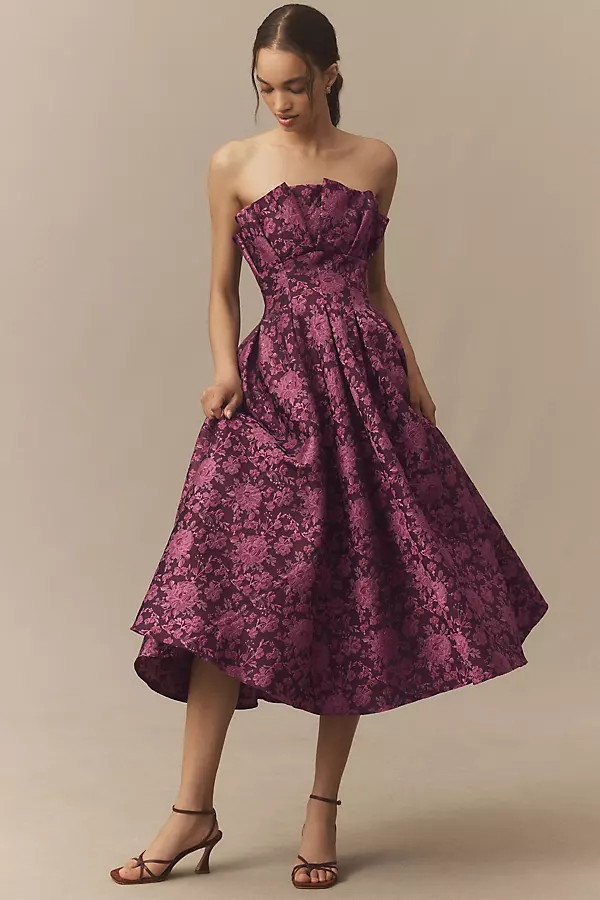 Strapless Floral Brocade A-Line Midi Dress | Anthropologie (US)
