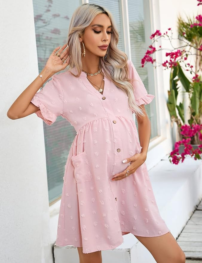 KOJOOIN Maternity Swiss Dot Dress Summer V Neck Short Sleeve Button Down Mini Dress Baby Shower P... | Amazon (US)