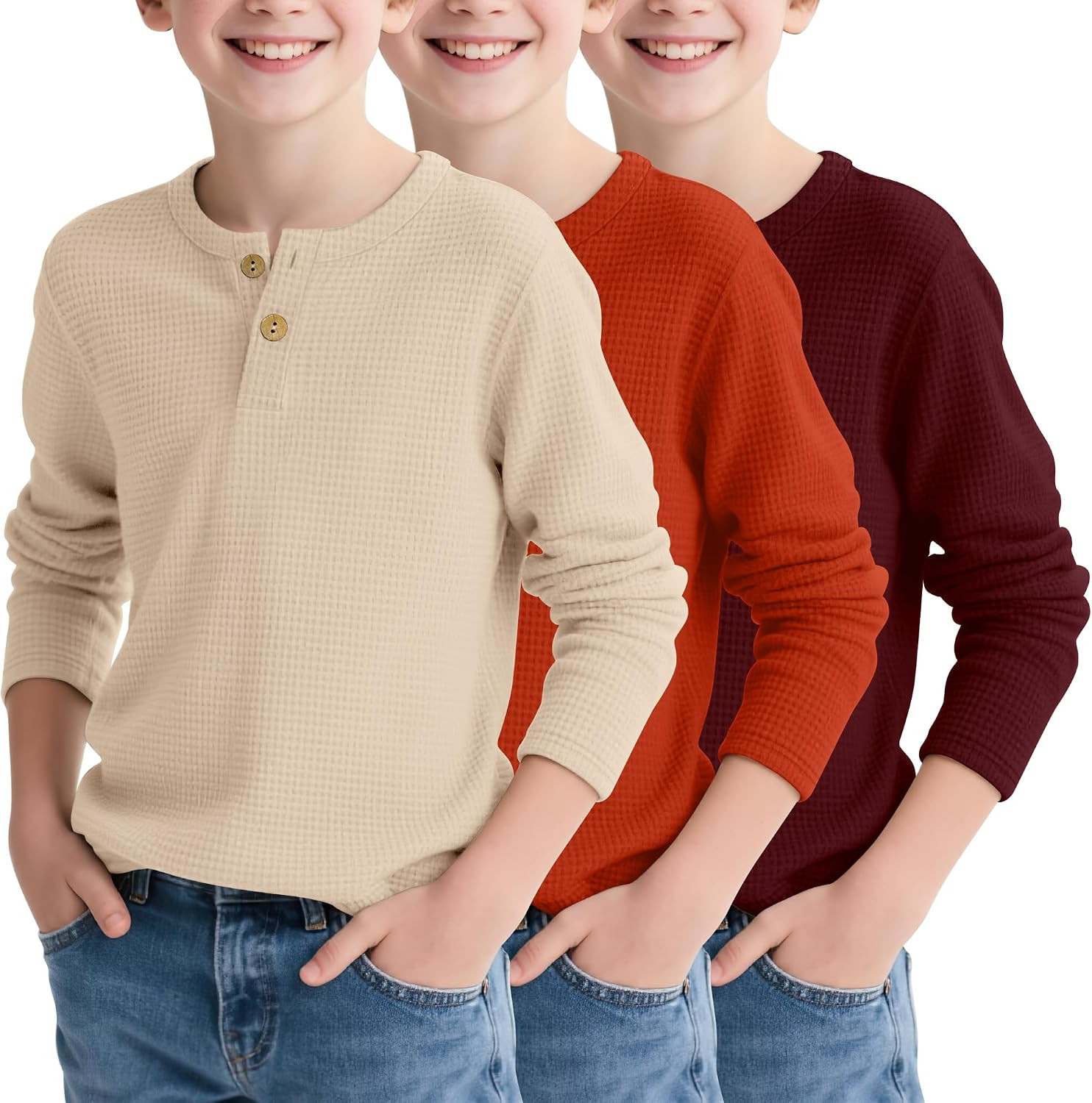 3 Pack Boys Long Sleeve Henley Shirts Waffle Tops | Amazon (US)