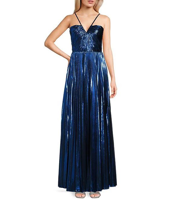 GB Social Pleated Metallic Split Neck Long Dress | Dillard's | Dillard's