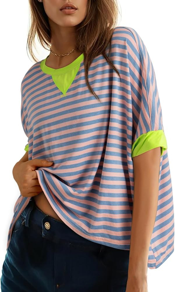 Dokotoo Oversized Striped Tshirts Summer Tops Plus Size Fashion Trendy Casual Blouse Top | Amazon (US)