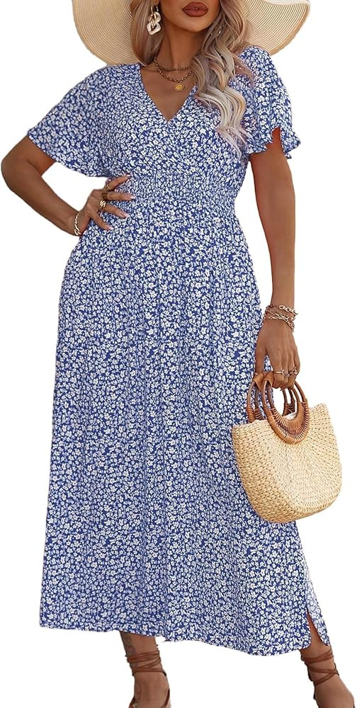 Floerns Women's Plus Size Boho Floral V Neck Short Sleeve A Line Long Dress | Amazon (US)