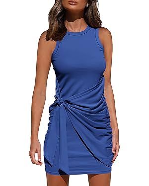 BTFBM Women's 2024 Summer T Shirt Dress Casual Sleeveless Wrap Bodycon Ruched T Shirt Spring Dres... | Amazon (US)