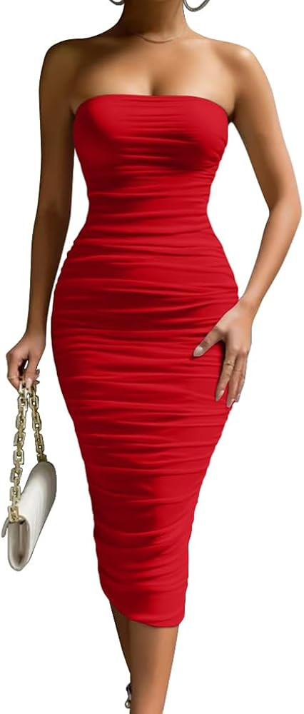 LAGSHIAN Women's Sexy Bodycon Strapless Tube Ruched Midi Club Dress | Amazon (US)