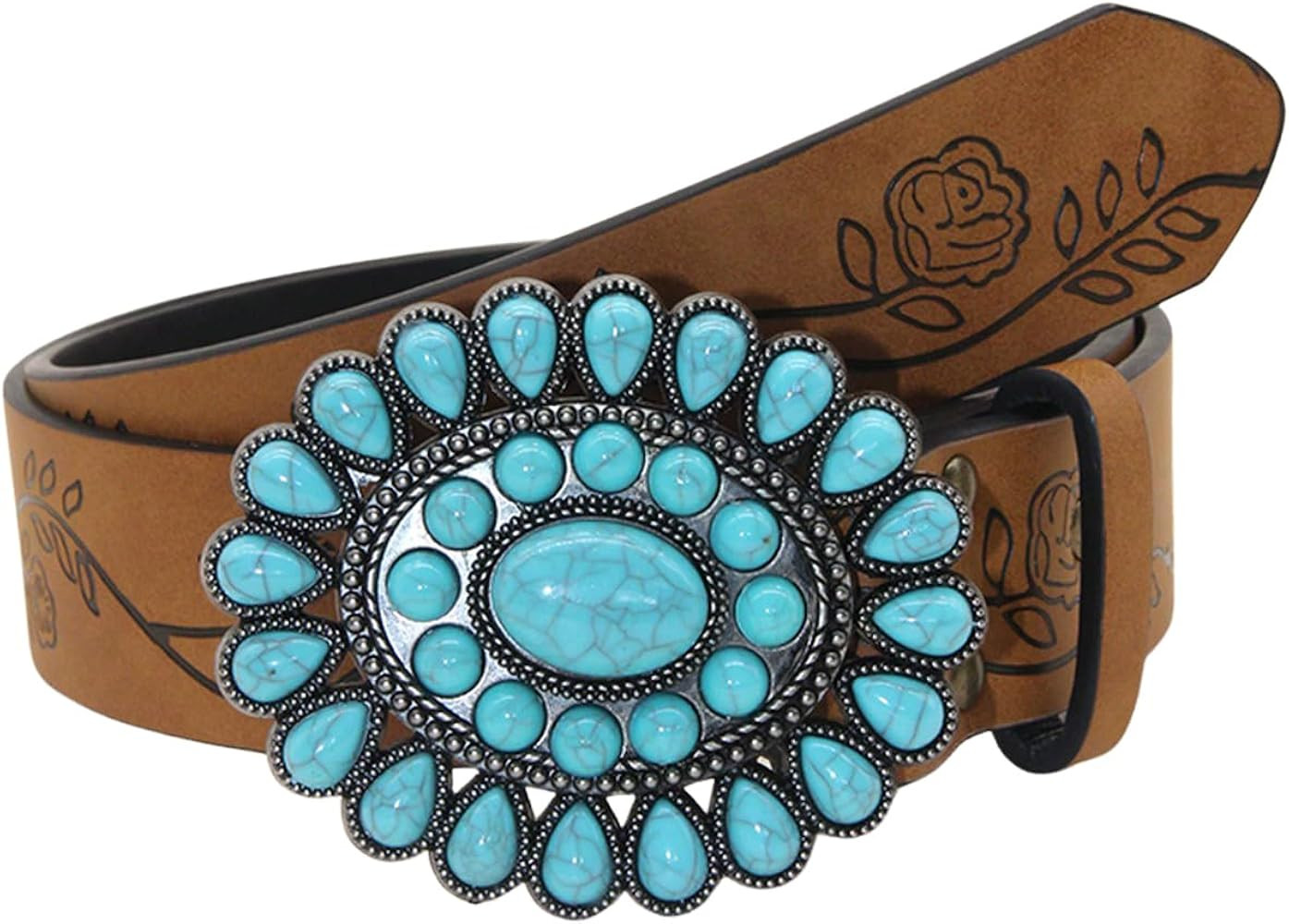 GORGLITTER Women's Turquoise Belt Leather Western Belts Embossed Waist Country Belts for Jeans Pa... | Amazon (US)