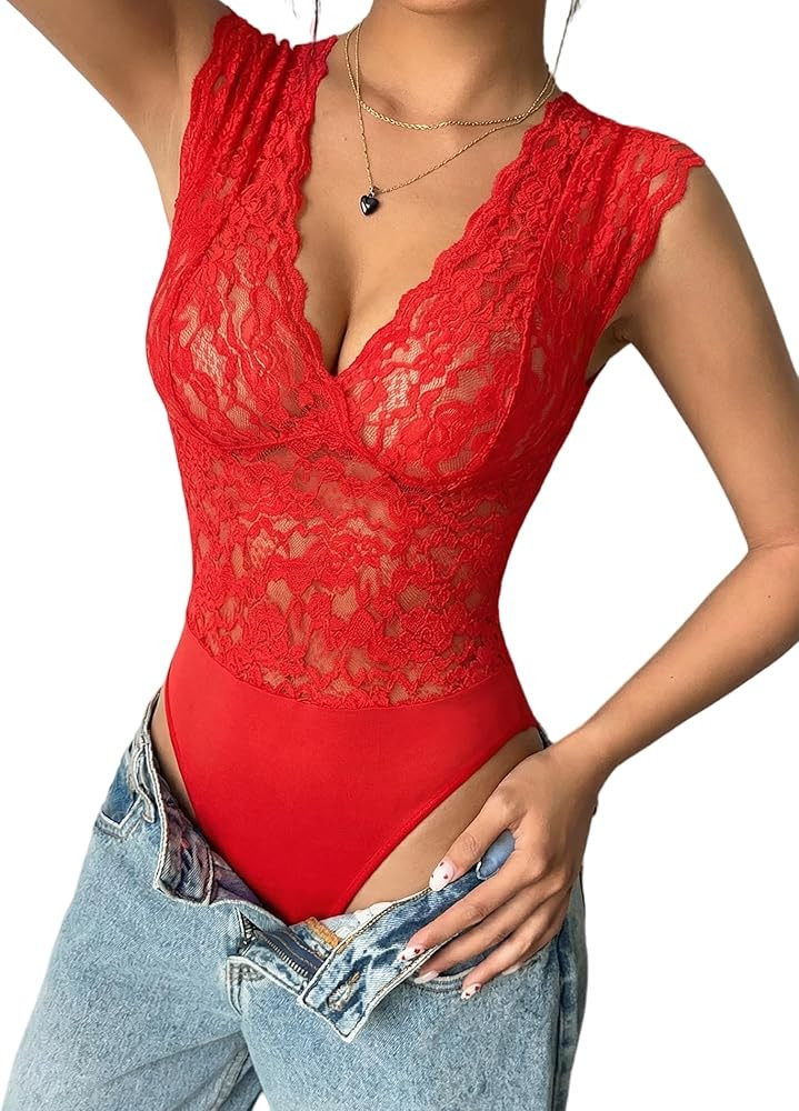 Avidlove Lace Bodysuits for Women Sexy V Neck Sheer Bodysuit Tops Snap Crotch One Piece Teddy | Amazon (US)