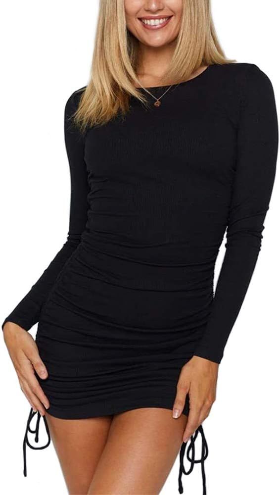 MiiVoo Women's Sexy Club Ruched Long Sleeve Drawstring Mini Bodycon Dress | Amazon (US)