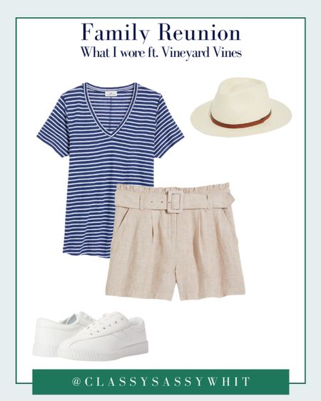 SALE ALERT!! What I wore to my family reunion—I kept things simple & lightweight, since it was all outside in a farm! I wore this navy striped linen tshirt that I’ve had for years & paired it with this pair of linen paper bag waist shorts. My Panama hat & white tennis shoes topped it off!

#LTKtravel #LTKSeasonal #LTKstyletip