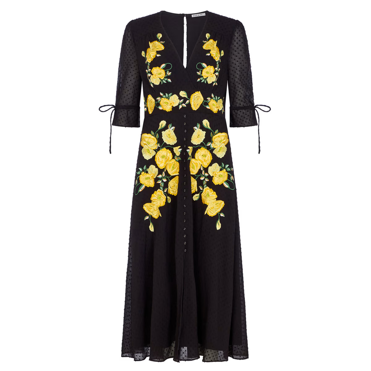 The Lilou Embroidered Midi Dress With Tie Sleeves In Dobby Mesh | Wolf & Badger