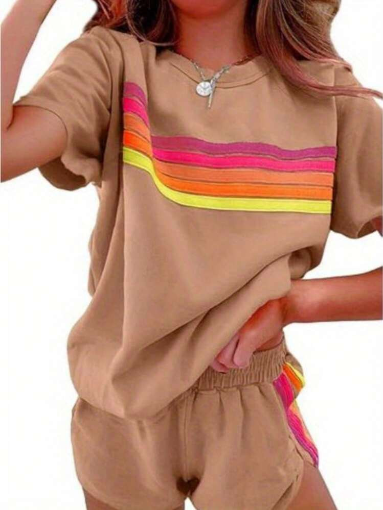 2 Piece Lounge Sets For Women Summer Rainbow Striped Tops Casual Shorts Color Blocked Suit Sweatshirts Set | SHEIN