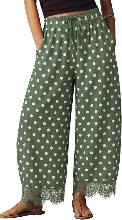 EXLURA Women Cotton Lace Trim Wide Leg Pants Summer Casual Cropped Drawstring Elastic Waist Light... | Amazon (US)