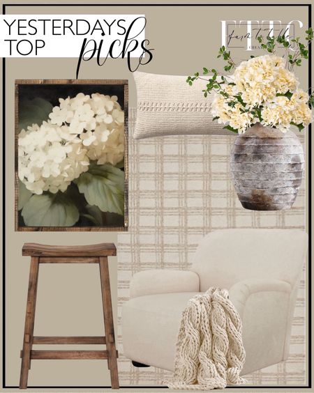 Yesterday’s Top Picks. Follow @farmtotablecreations on Instagram for more inspiration.

**Canvas Art Print use code FARMTOTABLE for 15% off  

Chris Loves Julia Polly Cream/Sand Loloi Area Rug. Loloi Harvey Lumbar Pillow, 12'' x 27'' Cover w/Poly, Ivory. White Hydrangeas Canvas Printed Sign. Halifax Farmhouse Wood Counter Height Barstool. Artisan Handcrafted Terracotta Vases Natural Ribbed. Better Homes & Gardens Waylen Accent Chair, by Dave & Jenny Marrs. 29" Faux White Snowball Hydrangea Stem. 5 Heads Hydrangea Bouquet. HANDIC 3 Pcs Faux Stems Artificial Branches for Vase Greenery Stems Faux Branches for Vase Plant Artificial Eucalytus Branches. Colossal Handknit Throw. Living Room Decor. Living Room Furniture. Amazon Home. Amazon Home Finds  

#LTKfindsunder50 #LTKsalealert #LTKhome