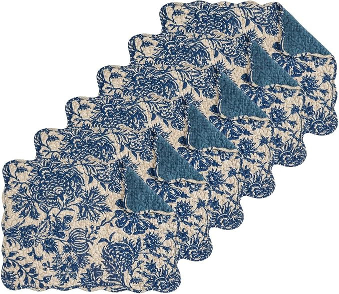 C&F Home Logan Cotton Quilted Reversible Machine Washable Vintage Design Placemat Set 6 Blue Flor... | Amazon (US)