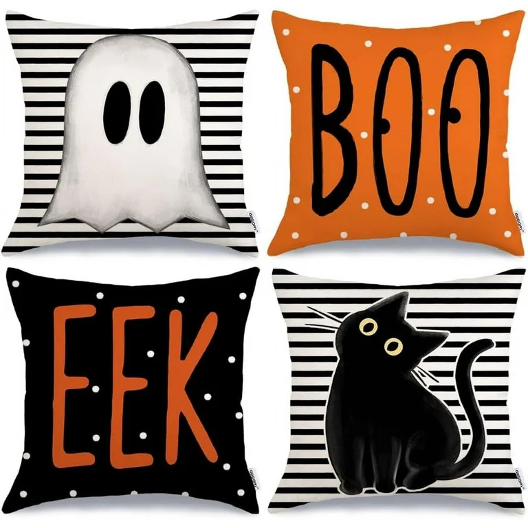 Halloween Pillow Covers 18 x 18 Inch Set of 4, Striped Polka Dot Spooky Ghost Black Cat Boo Eek D... | Walmart (US)