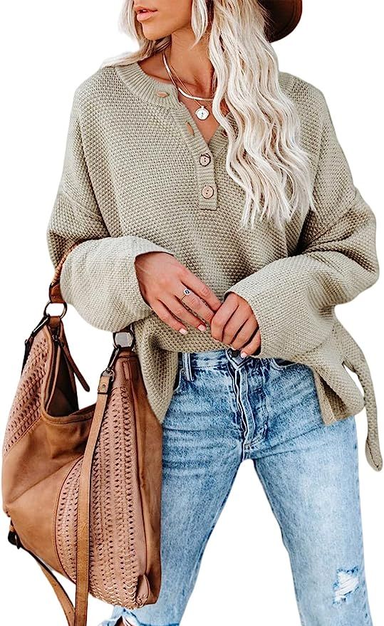 SHEWIN Women's Long Sleeve V Neck Button Chunky Knit Fall Winter Oversized Sweaters Pullover Tops | Amazon (US)