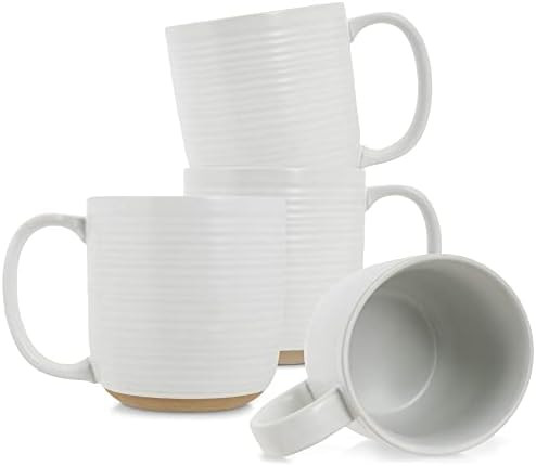 Elanze Designs Ribbed Ceramic Stoneware 13 ounce Raw Clay Bottom Coffee Mugs Set of 4, White | Amazon (US)